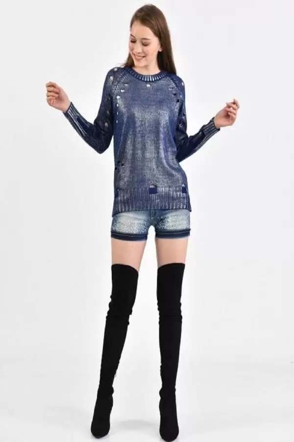 Bisiklet Yaka Delikli Kesim Mavi Kadın Kazak