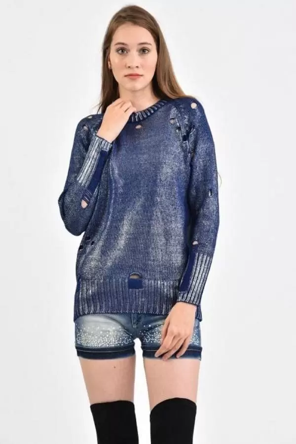 Bisiklet Yaka Delikli Kesim Mavi Kadın Kazak