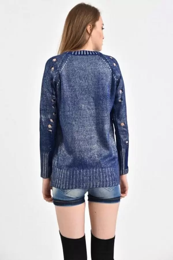 Bisiklet Yaka Delikli Kesim Mavi Kadın Kazak