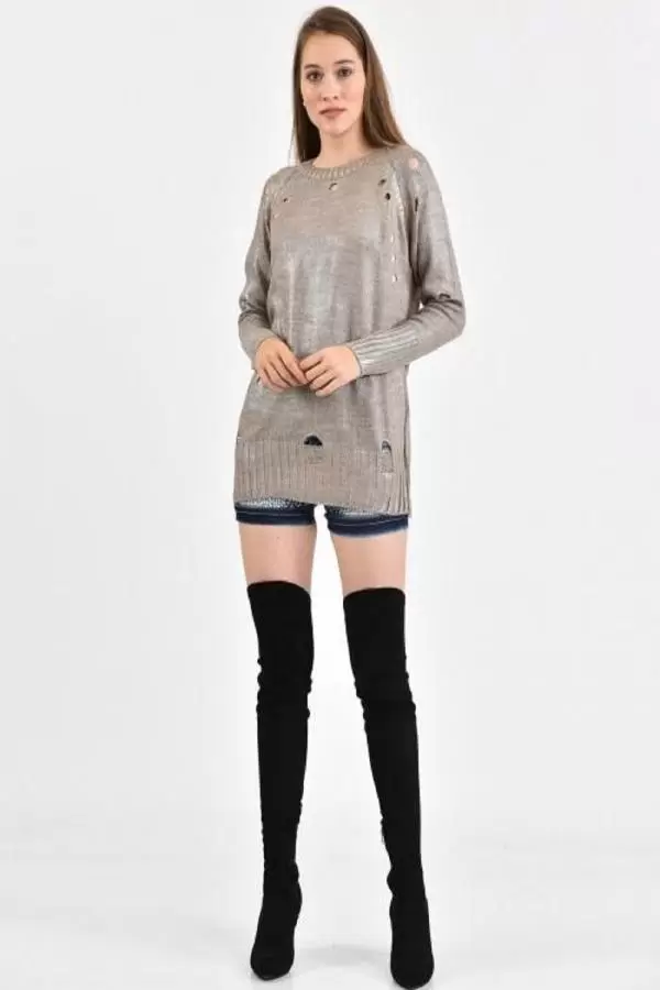 Bisiklet Yaka Delikli Kesim Vizon Kadın Kazak