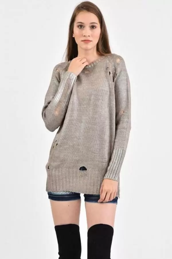 Bisiklet Yaka Delikli Kesim Vizon Kadın Kazak