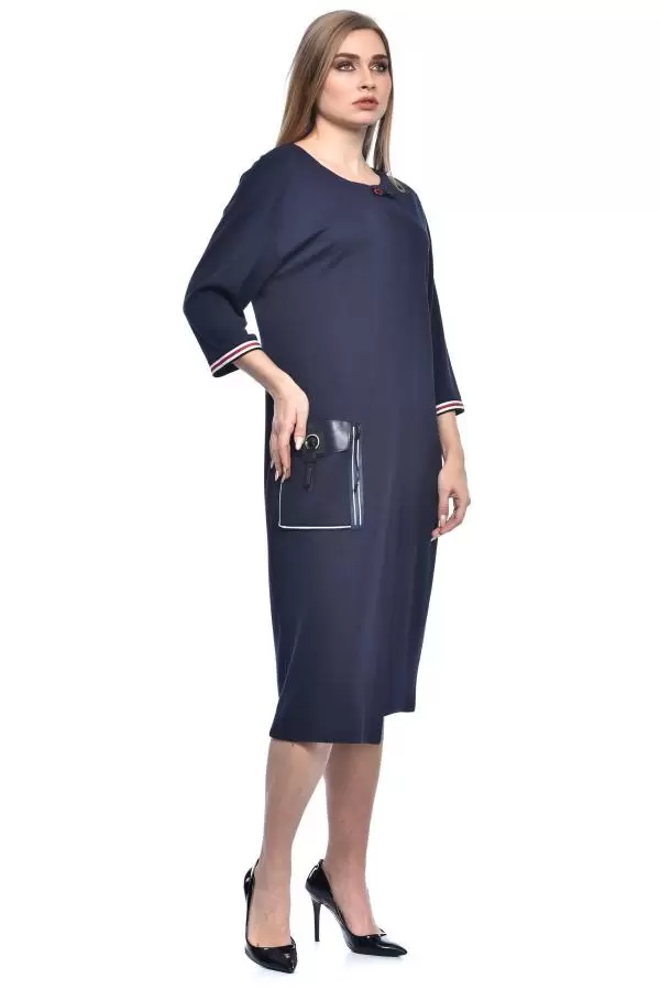 Bisiklet Yaka Deri Cepli Kısa Kollu Lacivert Kadın Elbise