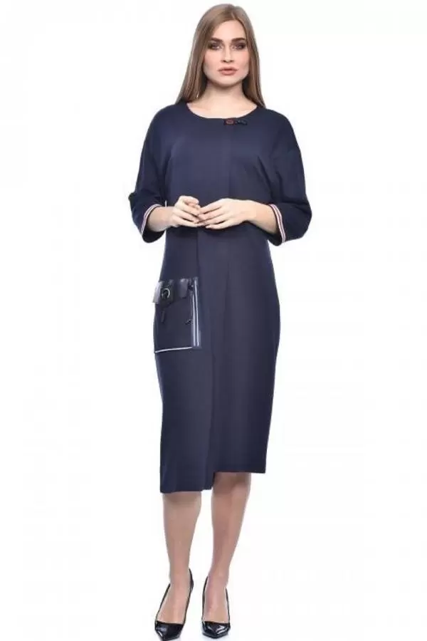 Bisiklet Yaka Deri Cepli Kısa Kollu Lacivert Kadın Elbise