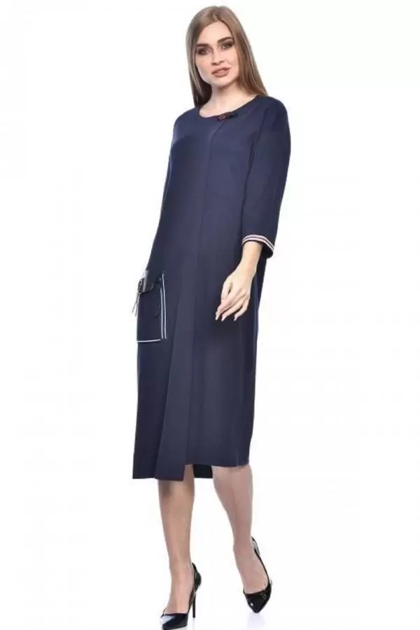 Bisiklet Yaka Deri Cepli Kısa Kollu Lacivert Kadın Elbise