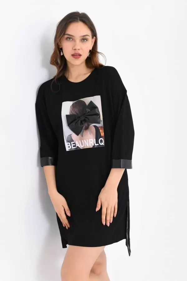 Bisiklet Yaka Deri ve Desenli Siyah Kadın Elbise