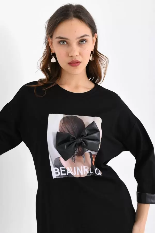 Bisiklet Yaka Deri ve Desenli Siyah Kadın Elbise