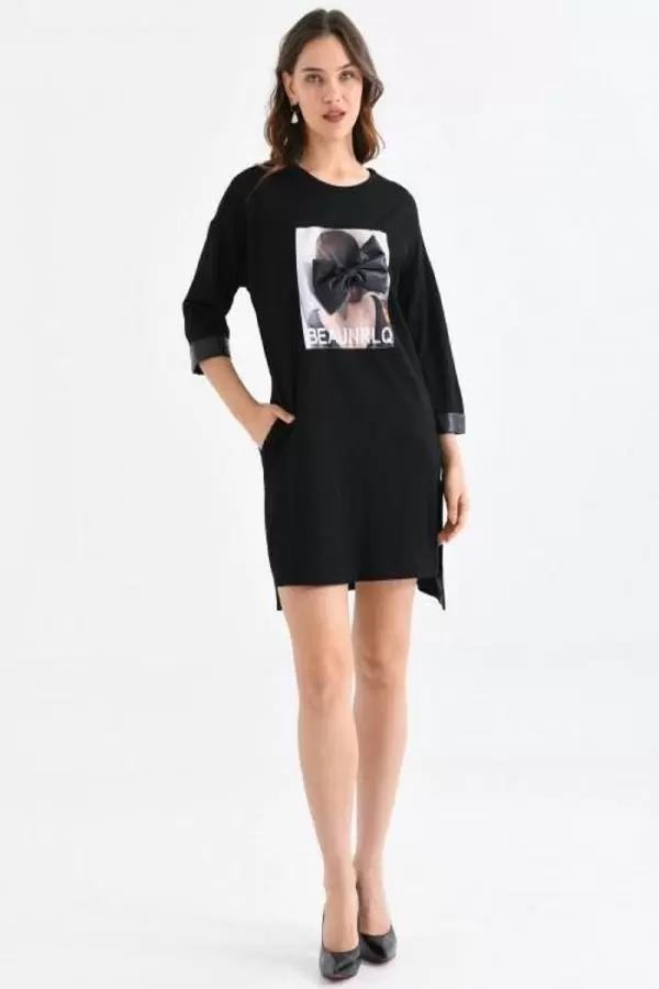 Bisiklet Yaka Deri ve Desenli Siyah Kadın Elbise