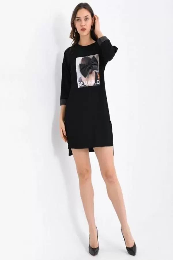 Bisiklet Yaka Deri ve Desenli Siyah Kadın Elbise