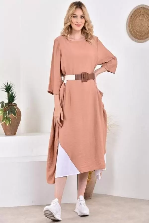 Bisiklet Yaka Düğmeli Astarlı Pudra Salaş Kadın Elbise