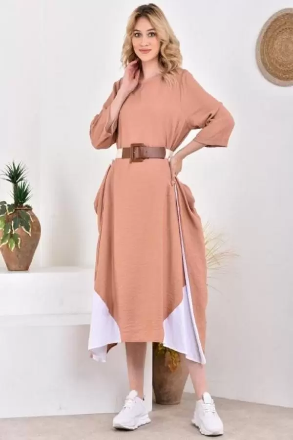 Bisiklet Yaka Düğmeli Astarlı Pudra Salaş Kadın Elbise