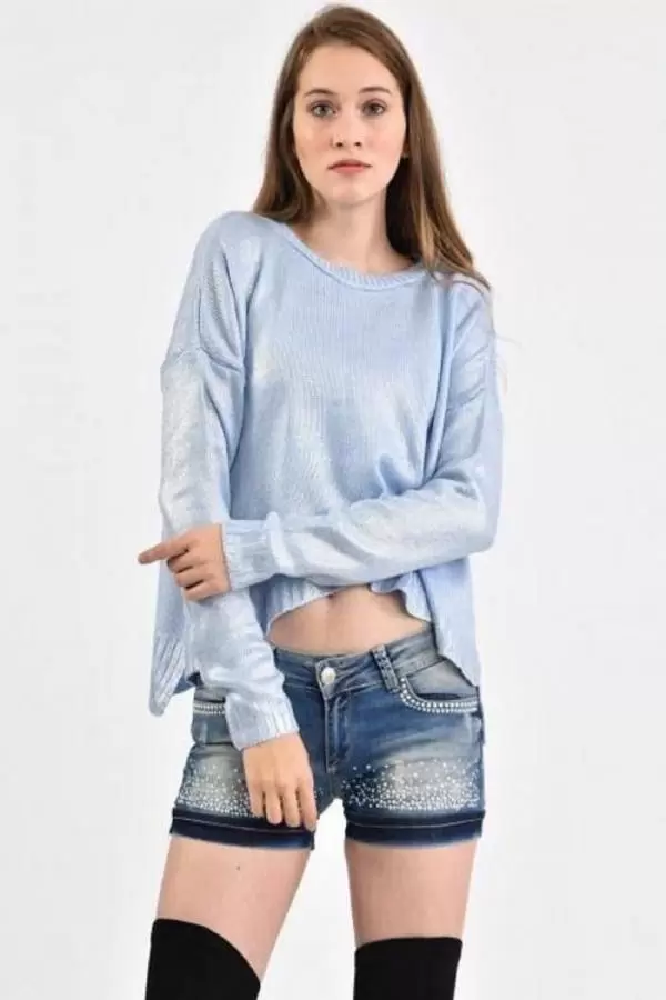 Bisiklet Yaka Düz Örme Kısa Mavi Triko Kadın Bluz