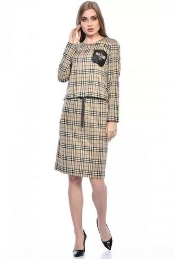 Bisiklet Yaka Etekli Bej Simli Alt Üst Ekose Kadın Elbise