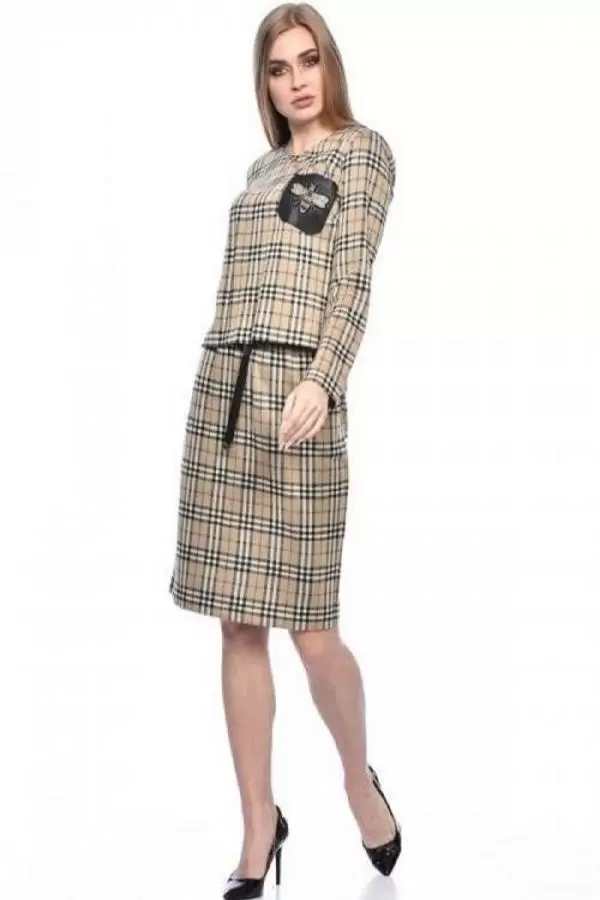 Bisiklet Yaka Etekli Bej Simli Alt Üst Ekose Kadın Elbise