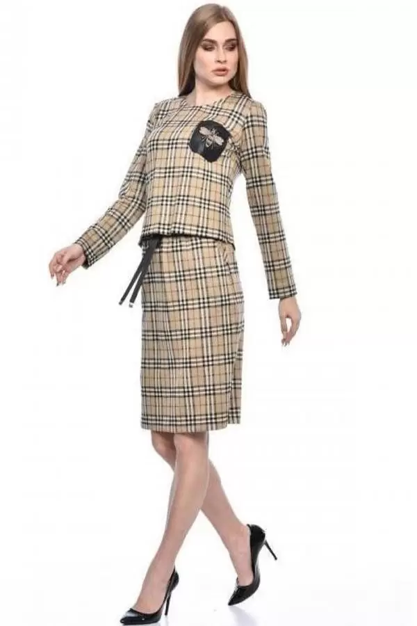 Bisiklet Yaka Etekli Bej Simli Alt Üst Ekose Kadın Elbise