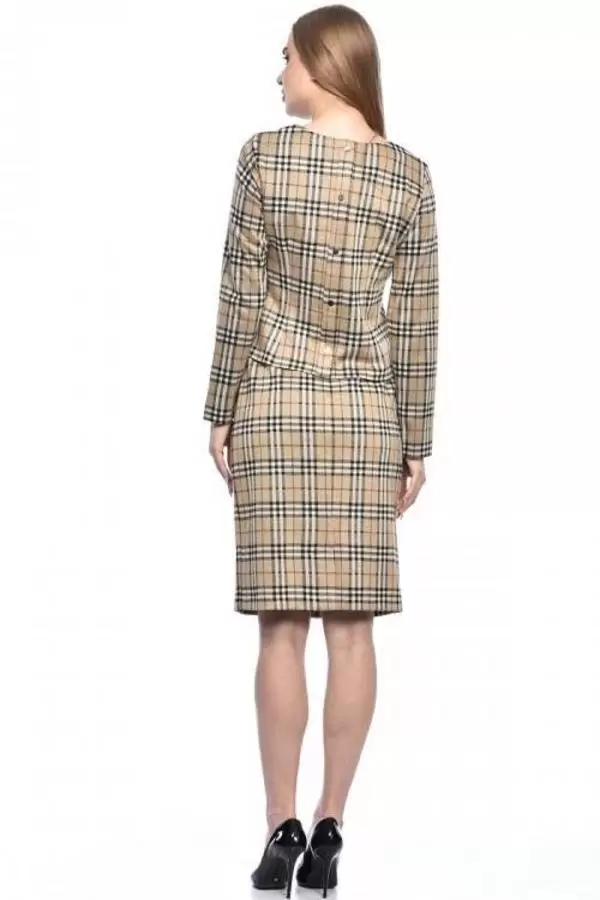 Bisiklet Yaka Etekli Bej Simli Alt Üst Ekose Kadın Elbise