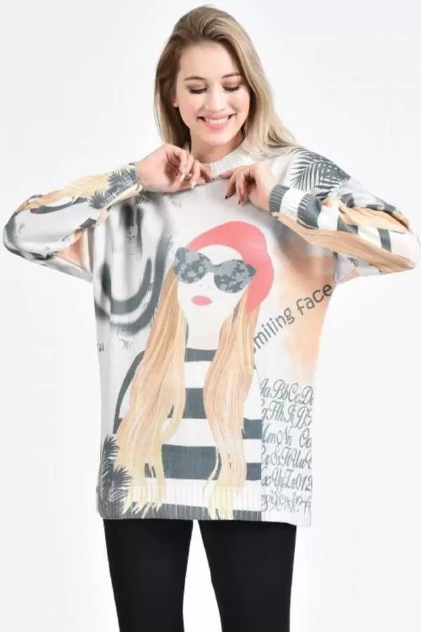 Bisiklet Yaka Gözlüklü Kadın Baskılı Gri-Beyaz Kazak