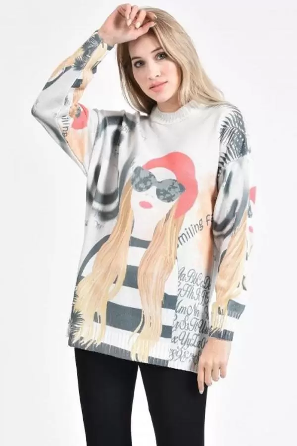 Bisiklet Yaka Gözlüklü Kadın Baskılı Gri-Beyaz Kazak