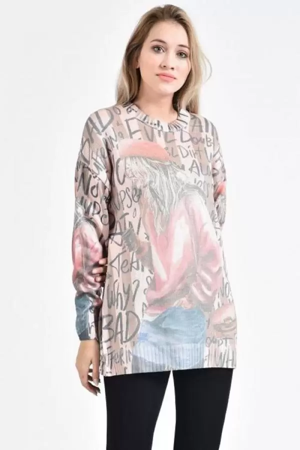 Bisiklet Yaka Kadın ve Yazı Baskılı Bej-Ekru Kadın Kazak