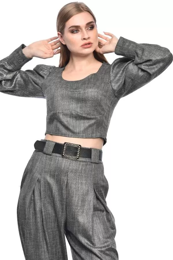 Bisiklet Yaka Kemerli Pantolonlu Alt Üst Gri Kadın Elbise