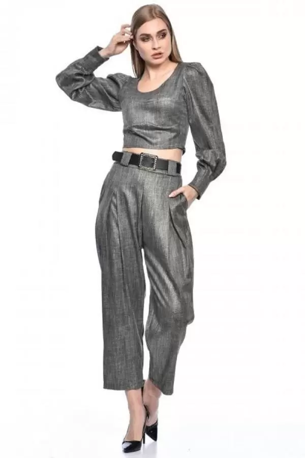 Bisiklet Yaka Kemerli Pantolonlu Alt Üst Gri Kadın Elbise