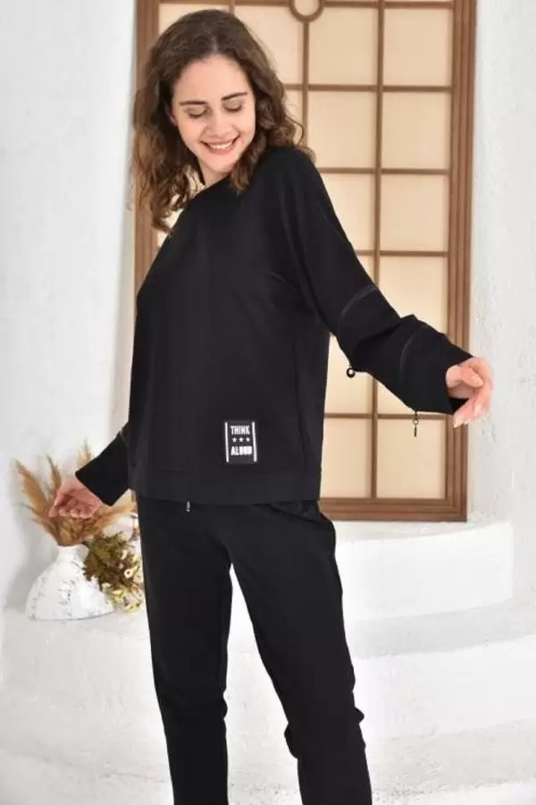 Bisiklet Yaka Koldan Fermuarlı Cepli Siyah Kadın Eşofman Takım