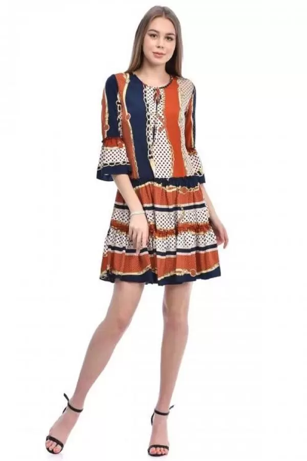 Bisiklet Yaka Kolu Volanlı Pileli Kiremit Kadın Elbise