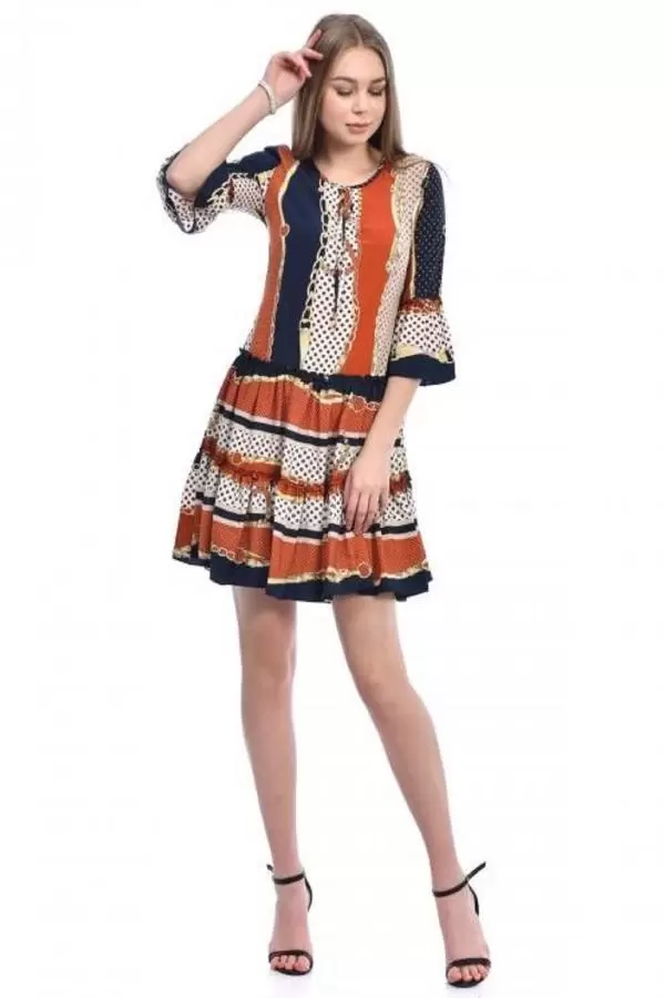 Bisiklet Yaka Kolu Volanlı Pileli Kiremit Kadın Elbise