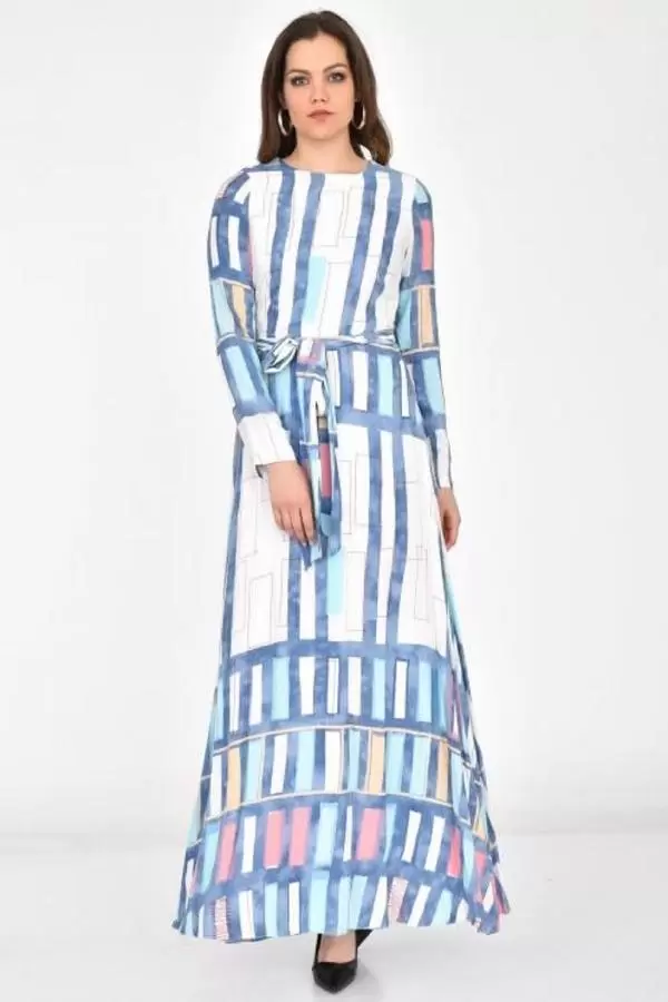 Bisiklet Yaka Kuşaklı ve Astarlı Bebe Mavi Kadın Elbise