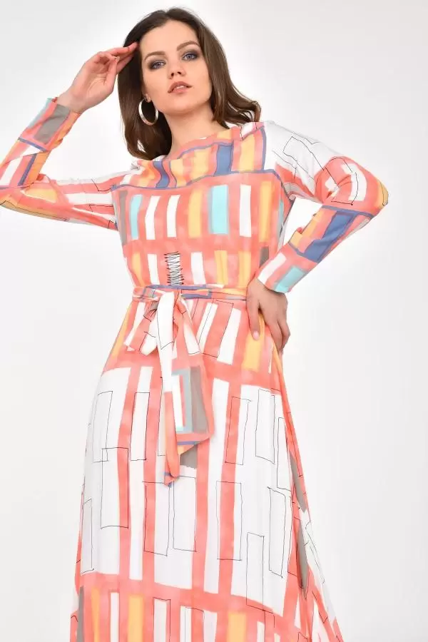 Bisiklet Yaka Kuşaklı ve Astarlı Pudra Kadın Elbise