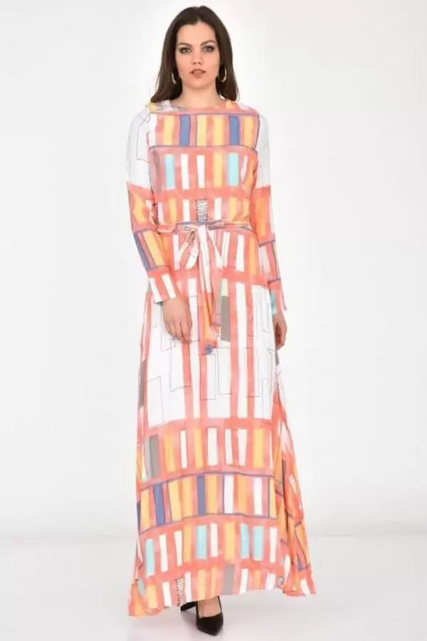 Bisiklet Yaka Kuşaklı ve Astarlı Pudra Kadın Elbise