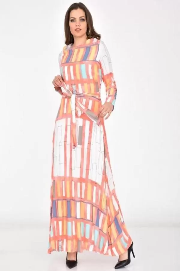 Bisiklet Yaka Kuşaklı ve Astarlı Pudra Kadın Elbise