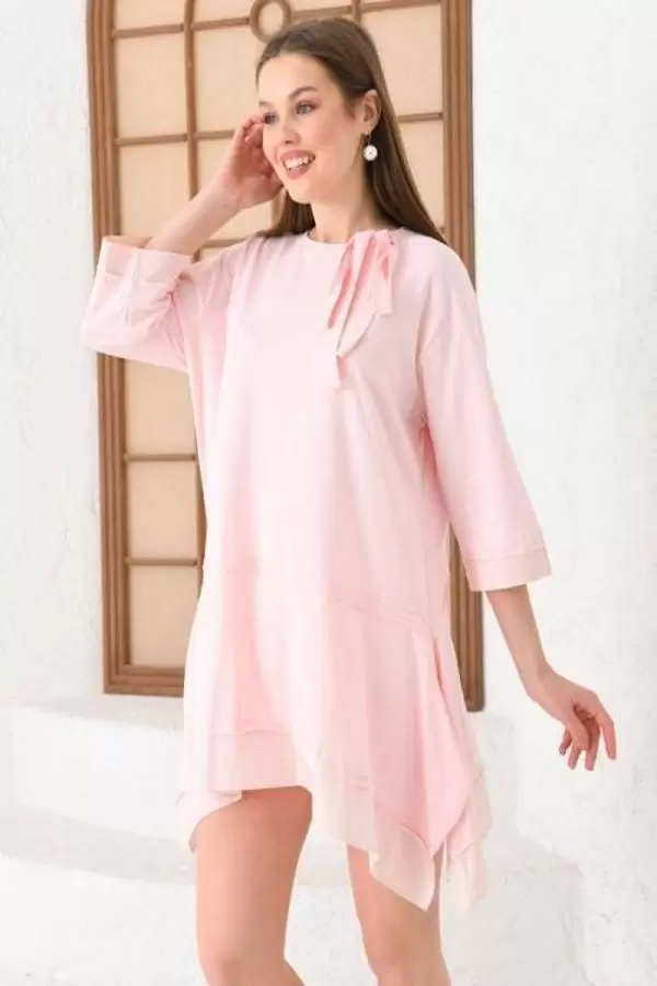 Bisiklet Yaka Mini Pudra Kadın Elbise