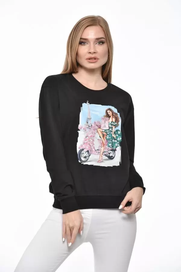 Bisiklet Yaka Motosiklet Baskılı Taş ve Pullu Siyah Kadın Tişört