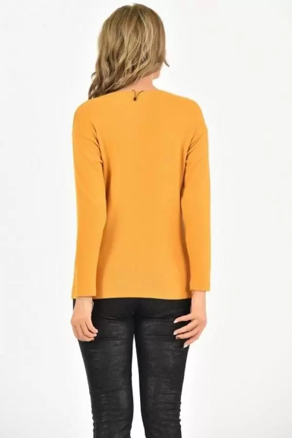 Bisiklet Yaka Nakış Baskılı Örme Hardal Kadın Bluz