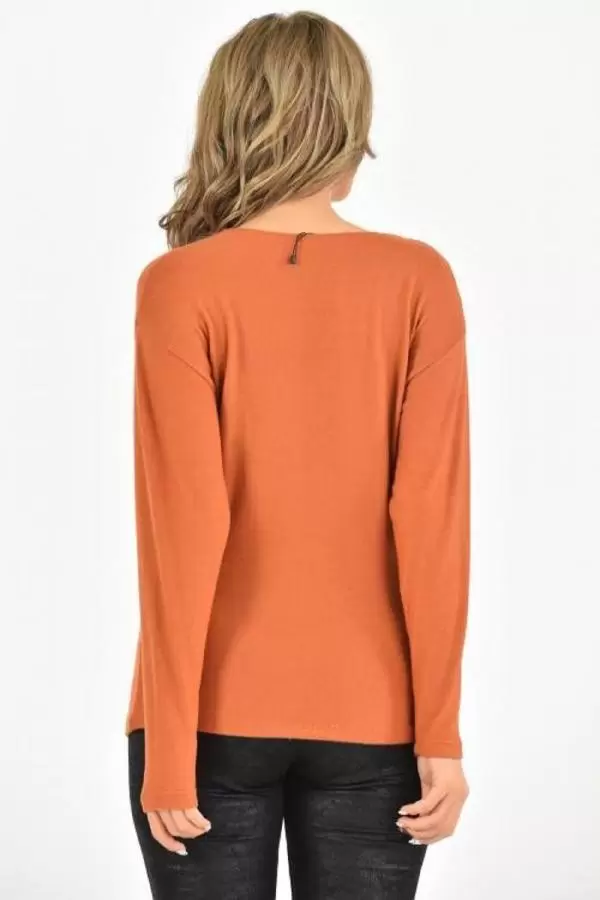 Bisiklet Yaka Nakış Baskılı Örme Kiremit Kadın Bluz