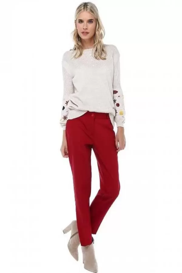 Bisiklet Yaka Nakışlı ve Düğmeli Basic Taş Triko Kadın Kazak