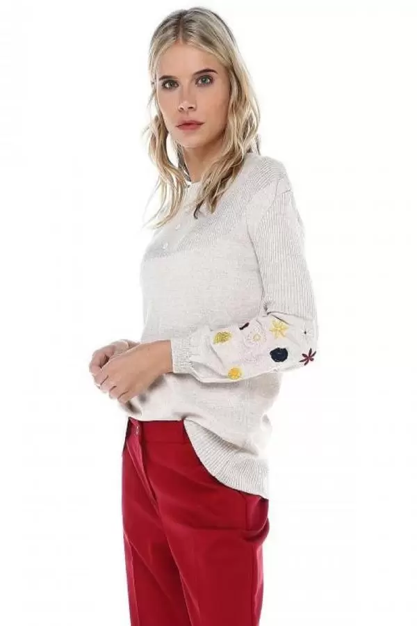 Bisiklet Yaka Nakışlı ve Düğmeli Basic Taş Triko Kadın Kazak