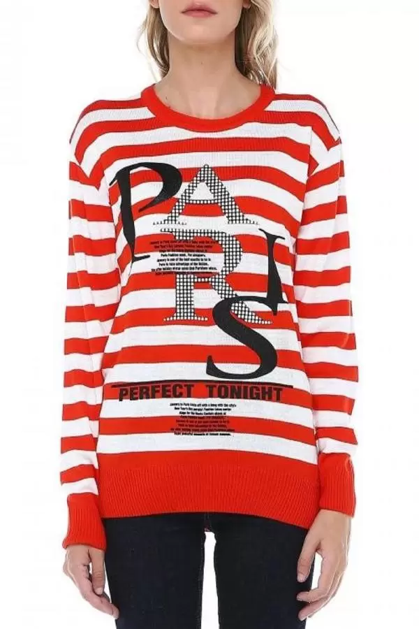 Bisiklet Yaka Paris Baskılı Çizgili Basic Hardal Kadın Triko Kazak