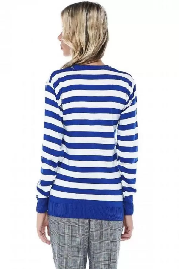 Bisiklet Yaka Paris Baskılı Çizgili Basic Mavi Kadın Triko Kazak