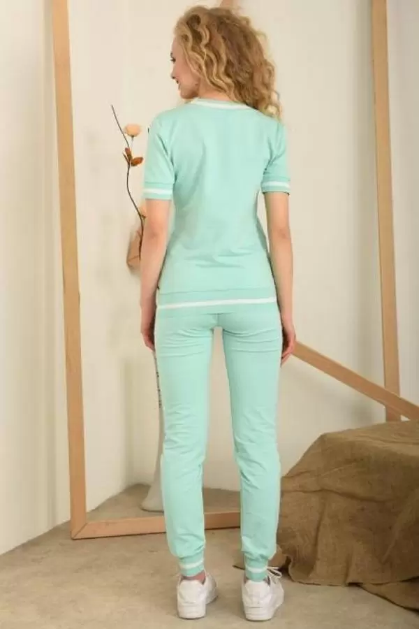 Bisiklet Yaka Penguen Desenli ve Taş Dizinli Kısa Kollu Şeritli Mint Kadın Eşofman Takım