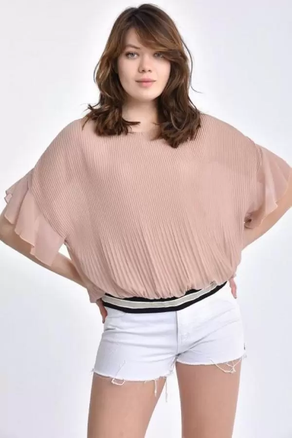 Bisiklet Yaka Pileli ve Biyeli Kısa Kollu Vizon Kadın Bluz