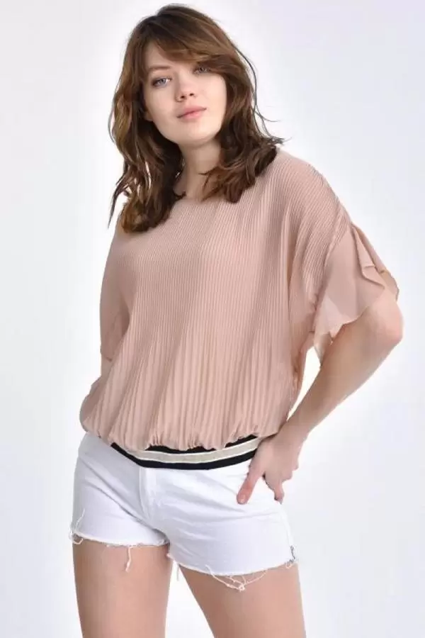 Bisiklet Yaka Pileli ve Biyeli Kısa Kollu Vizon Kadın Bluz