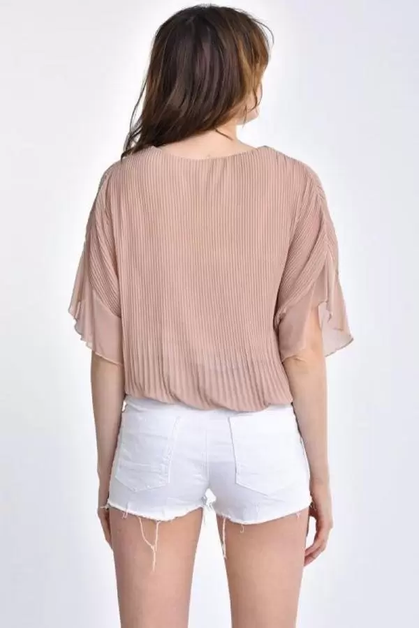 Bisiklet Yaka Pileli ve Biyeli Kısa Kollu Vizon Kadın Bluz