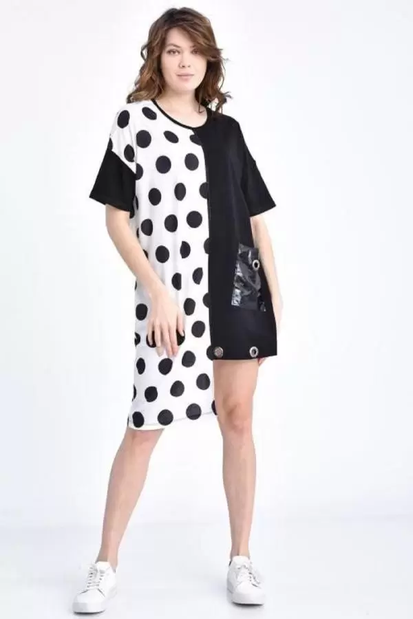 Bisiklet Yaka Puantiyeli Cepli Siyah Kadın Elbise