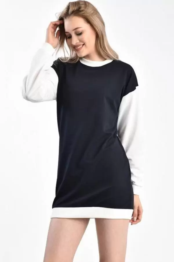 Bisiklet Yaka Renkli İki İplik Siyah Beyaz Sweat KadınTunik