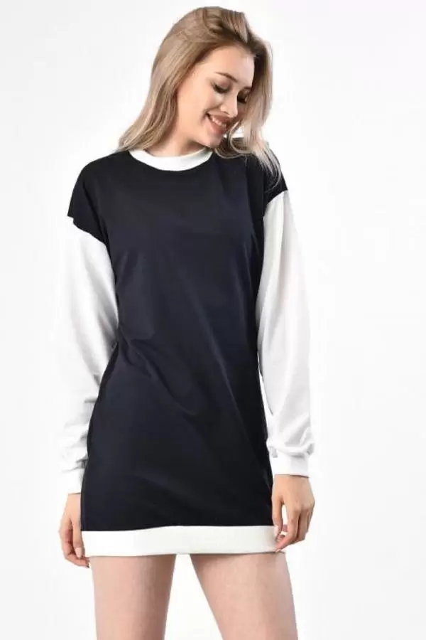 Bisiklet Yaka Renkli İki İplik Siyah Beyaz Sweat KadınTunik