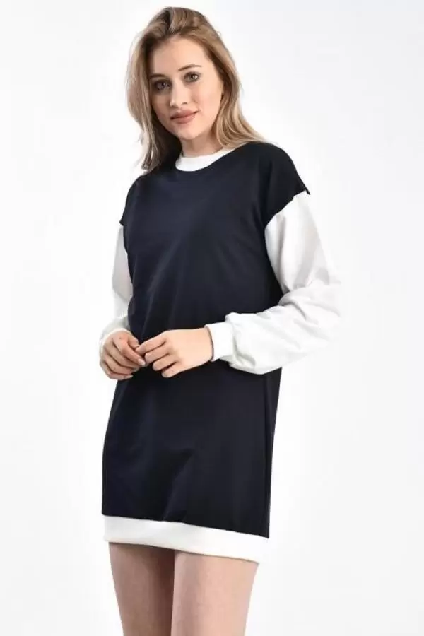 Bisiklet Yaka Renkli İki İplik Siyah Beyaz Sweat KadınTunik