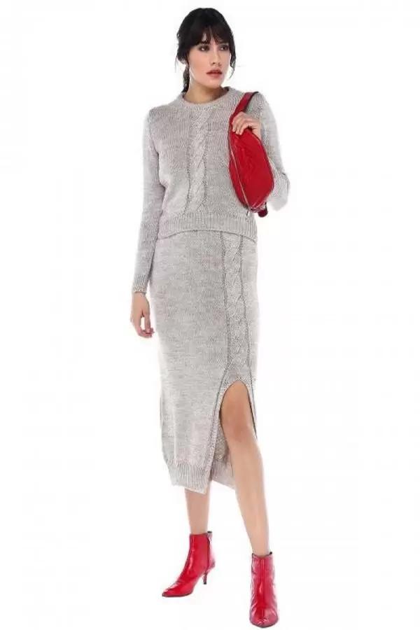 Bisiklet Yaka Saç Örgülü Uzun Yırtmaçlı Etekli Taş Kadın Triko Takım