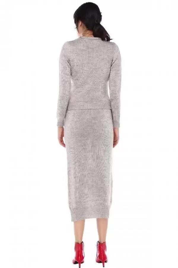 Bisiklet Yaka Saç Örgülü Uzun Yırtmaçlı Etekli Taş Kadın Triko Takım