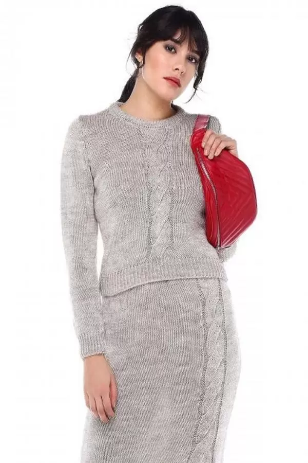 Bisiklet Yaka Saç Örgülü Uzun Yırtmaçlı Etekli Taş Kadın Triko Takım